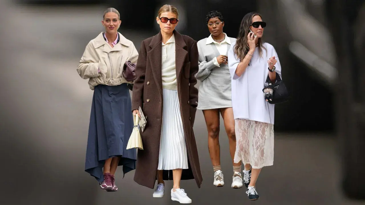 Vier Frauen in modernen Outfits, die von typischen Schuhen der 90er Jahre inspiriert sind.