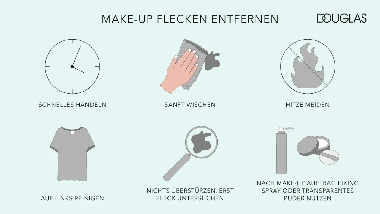 Tipps zum Make-up aus Kleidung entfernen: schnell handeln, sanft wischen, Hitze meiden, links reinigen, Fleck untersuchen, Fixing Spray/Puder nutzen.