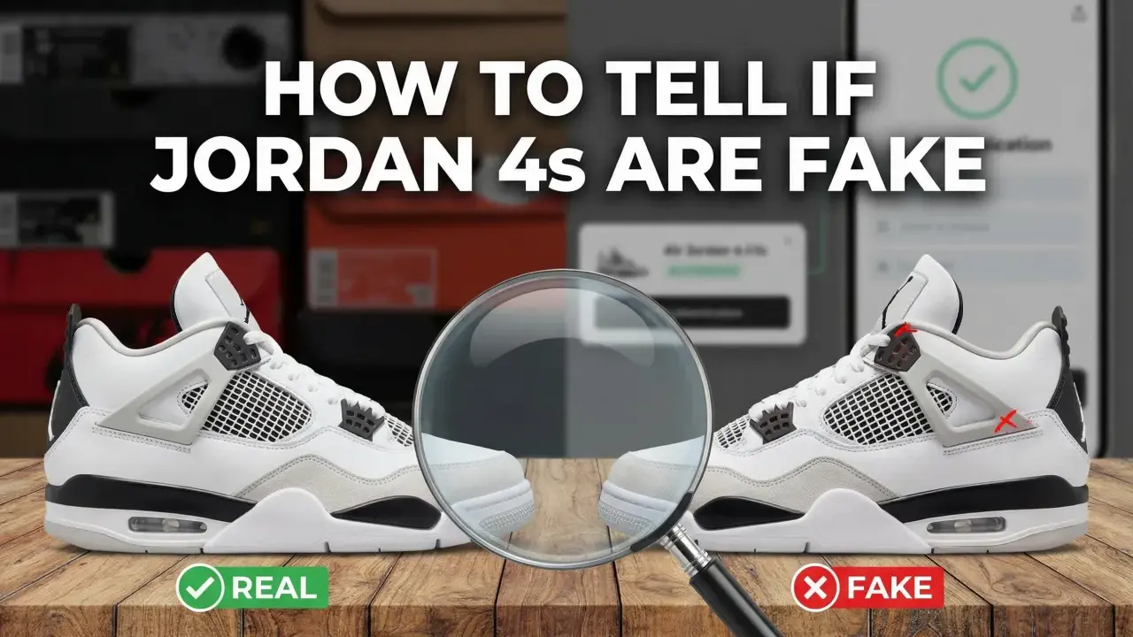 Vergleich von echten und gefälschten Jordan 4 Sneakern. Ein Lupenglas hebt Details hervor, um zu zeigen, wie man Jordan 4 fake erkennen kann.