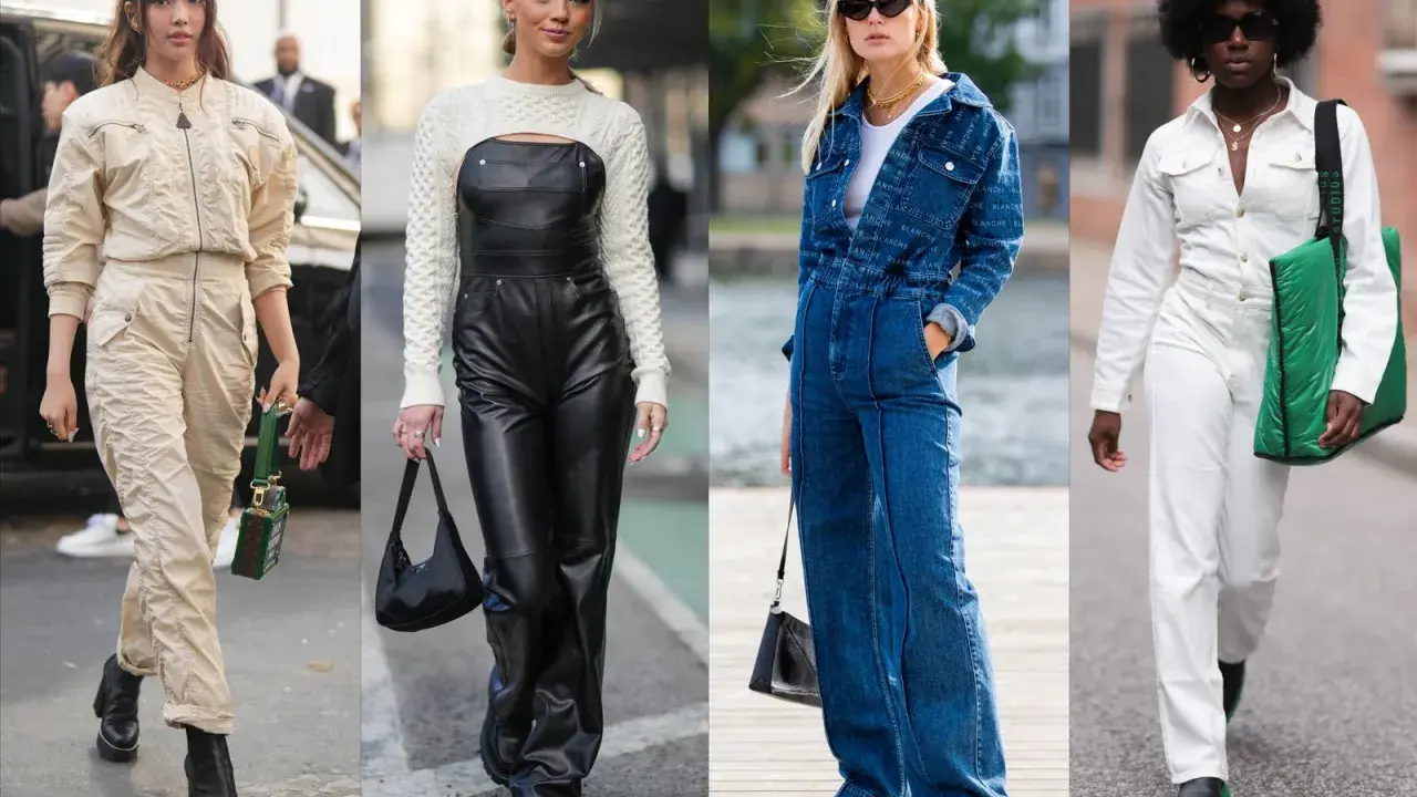 Vier Frauen präsentieren Outfits: Beige Utility-Overall, schwarzer Leder-Latzanzug mit Strick-Crop-Top, Jeans-Overall mit passender Jacke und weißer Overall mit grüner Tasche.