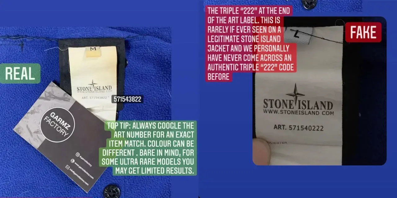 Vergleich von Stone Island Etiketten: Ein echtes (links) und ein Stone Island Fake (rechts) mit auffälligem "222" Code.