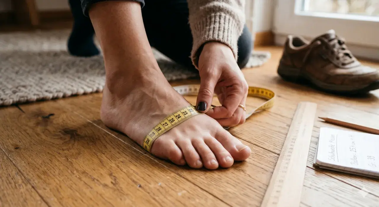 Fuß wird gemessen, um die richtige Schuhweite G zu ermitteln. Ein Maßband umschließt den Ballen.