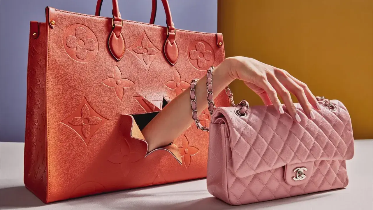Vergleich: Louis Vuitton Replica vs. authentische Tasche. Eine Hand greift aus einer großen orangefarbenen Tasche nach einer kleinen rosa gesteppten Tasche.