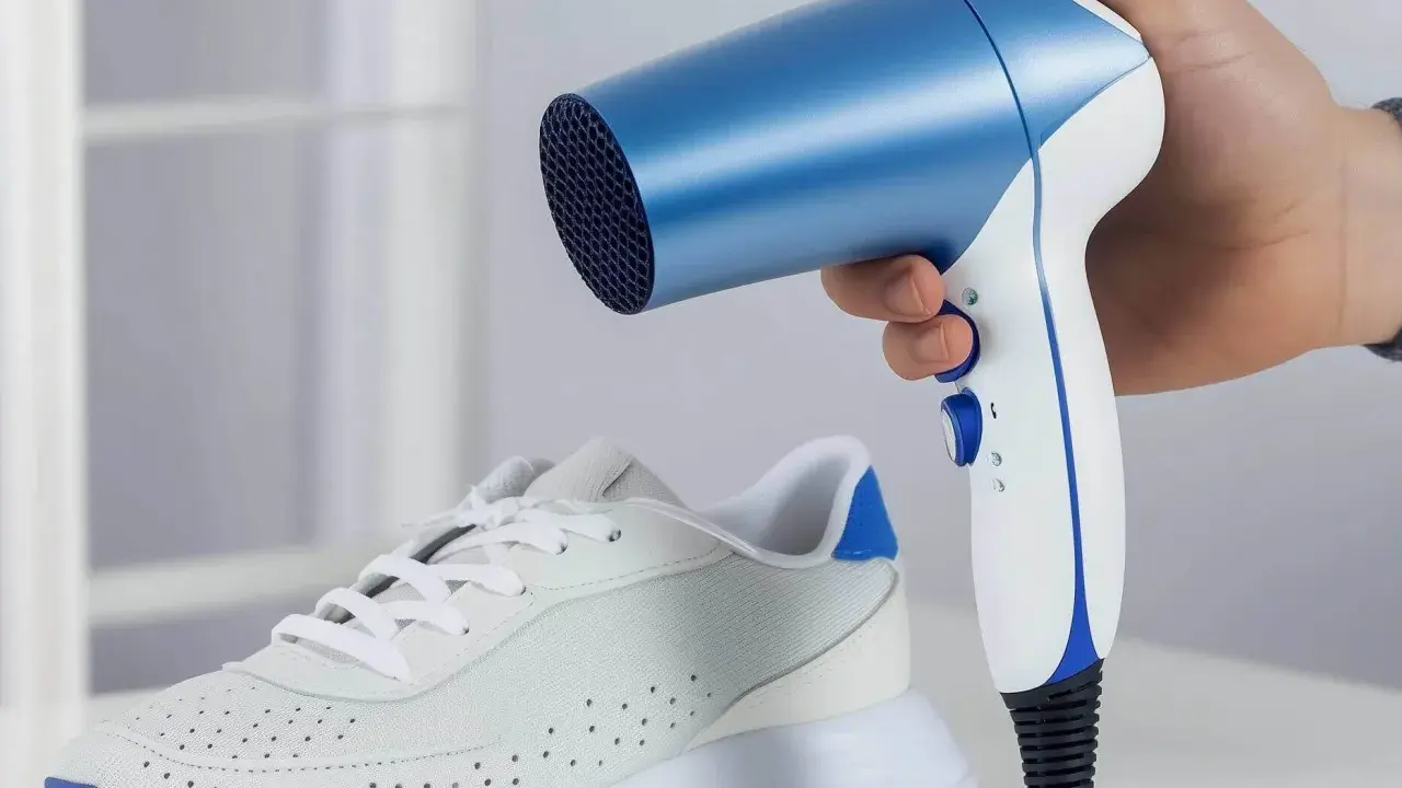 Ein weißer Sneaker mit blauen Akzenten, dessen **schuhe zu eng vorne** sind, wird mit einem blauen und weißen Föhn erwärmt.