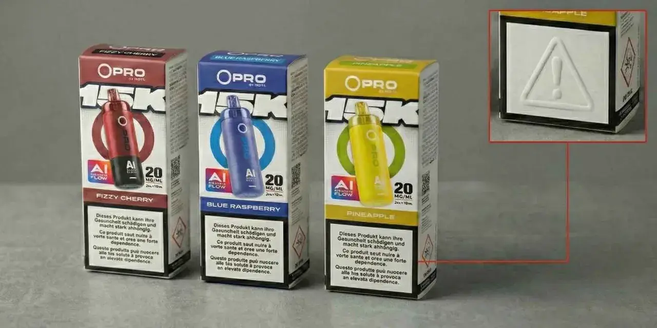 Drei OPRO 15K Vape-Boxen in Rot, Blau und Gelb. Achten Sie auf Details, um palm angels fake erkennen zu können.