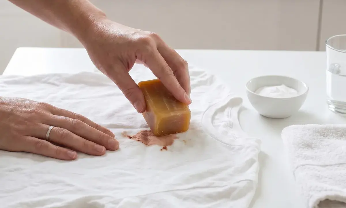 Hand reibt mit Seifenstück über Blutfleck auf weißem T-Shirt, um gewaschene Blutflecken entfernen zu können.