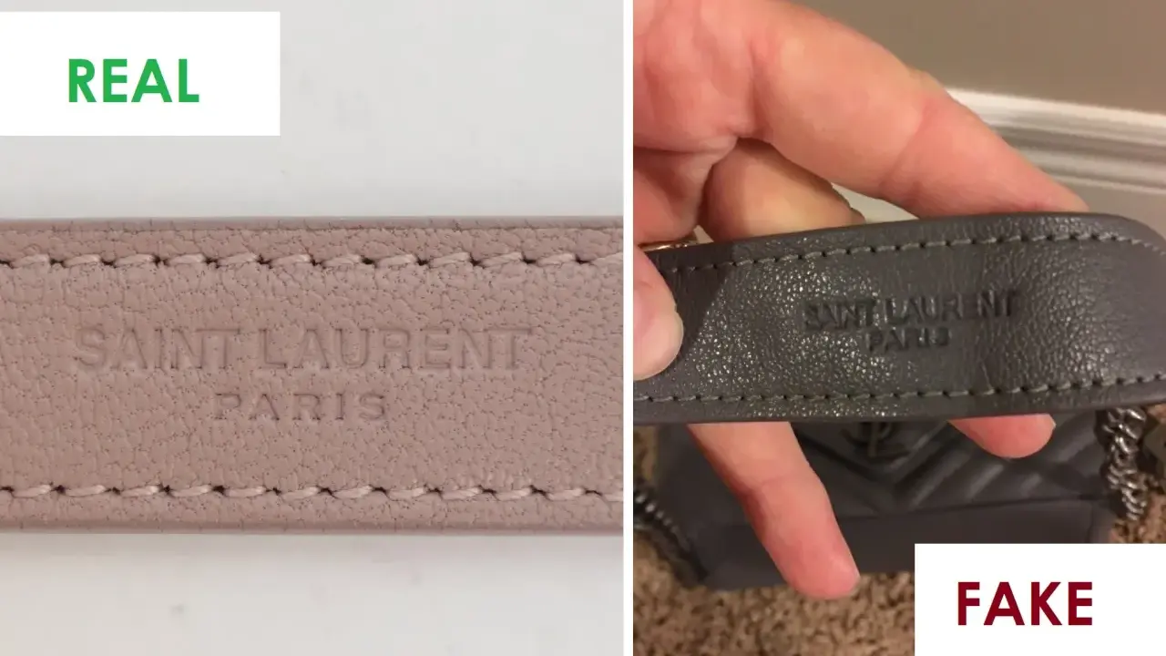 Vergleich: Echte YSL Tasche mit präziser Prägung vs. Fake mit unsauberer Schrift. So erkennst du eine YSL Tasche fake.