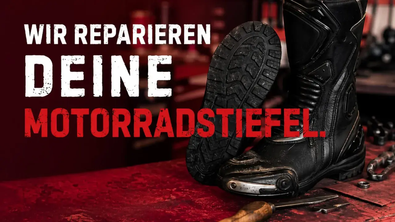 Schwarze Motorradstiefel auf rotem Tisch, bereit für die stiefel reparatur. Werkzeuge liegen daneben. "Wir reparieren deine Motorradstiefel.