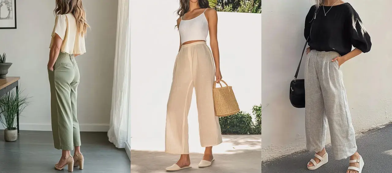 Drei Outfits mit 7/8 Hosen: Sandalen, Mules und Keilabsatzschuhe zeigen, welche Schuhe zu 7/8 Hosen passen.
