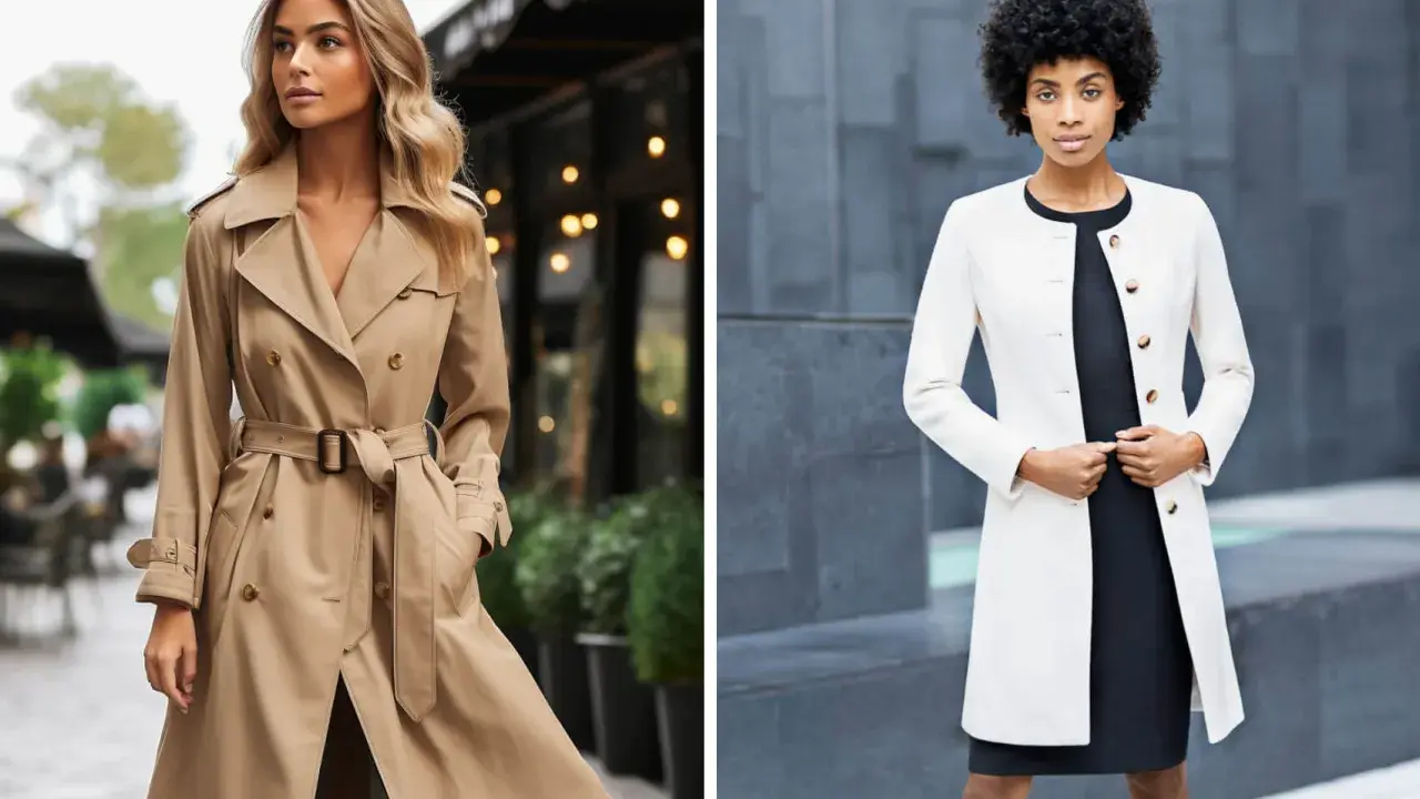 Zwei Frauen zeigen, wie man einen Trenchcoat kombiniert: eine in Beige mit Gürtel, die andere in Weiß über einem schwarzen Kleid.