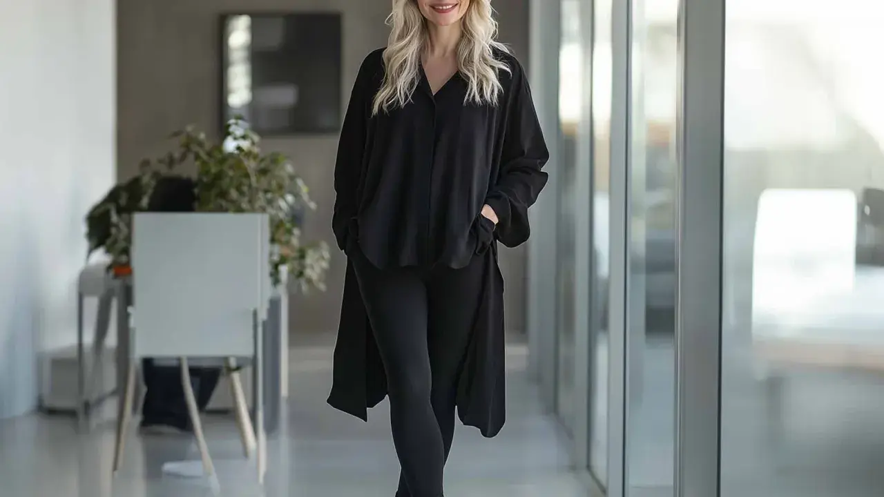 Eine Frau stylt eine schwarze Longbluse mit Leggings und Stiefeletten. Ein lässiger, aber schicker Look.