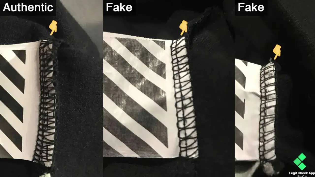 Vergleich von Etiketten: Ein authentisches off white Etikett zeigt saubere Nähte, während gefälschte Etiketten unsaubere Verarbeitung aufweisen.