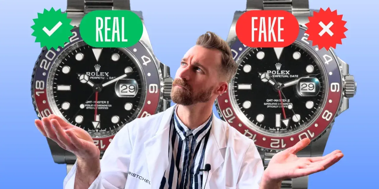 Mann vergleicht eine echte Rolex Pepsi mit einer Fälschung. Grüne Haken und "REAL" auf der linken Seite, rote Kreuze und "FAKE" auf der rechten.