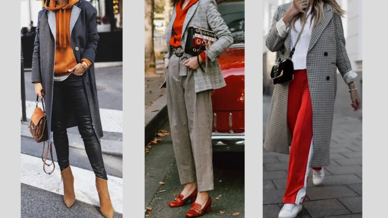 Drei Outfits: sportlich elegant ab 50 mit Hoodie, Lederhose, Anzug und roten Hosen.