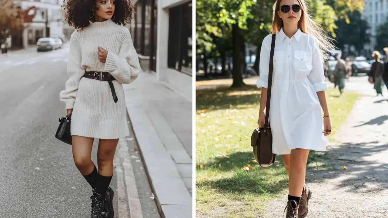 Zwei Frauen zeigen, wie man Stiefel zu Kleid kombiniert: eine im lässigen Strickkleid mit Schnürstiefeln, die andere im weißen Hemdblusenkleid mit Chunky Boots.