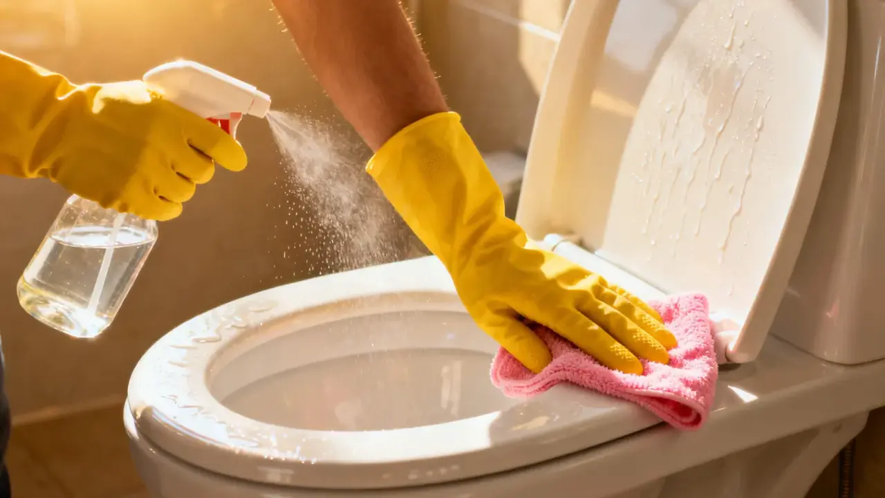 Gelbe Handschuhe sprühen Reinigungsmittel auf die Toilettenschüssel, um Wasserflecken zu entfernen. Ein rosa Tuch wischt die Oberfläche ab.