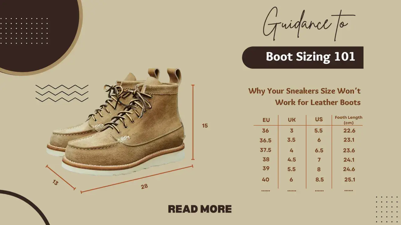 Herren-Schuhweiten-Ratgeber mit Größentabelle für Lederstiefel. Ein Paar braune Schnürstiefel ist abgebildet.