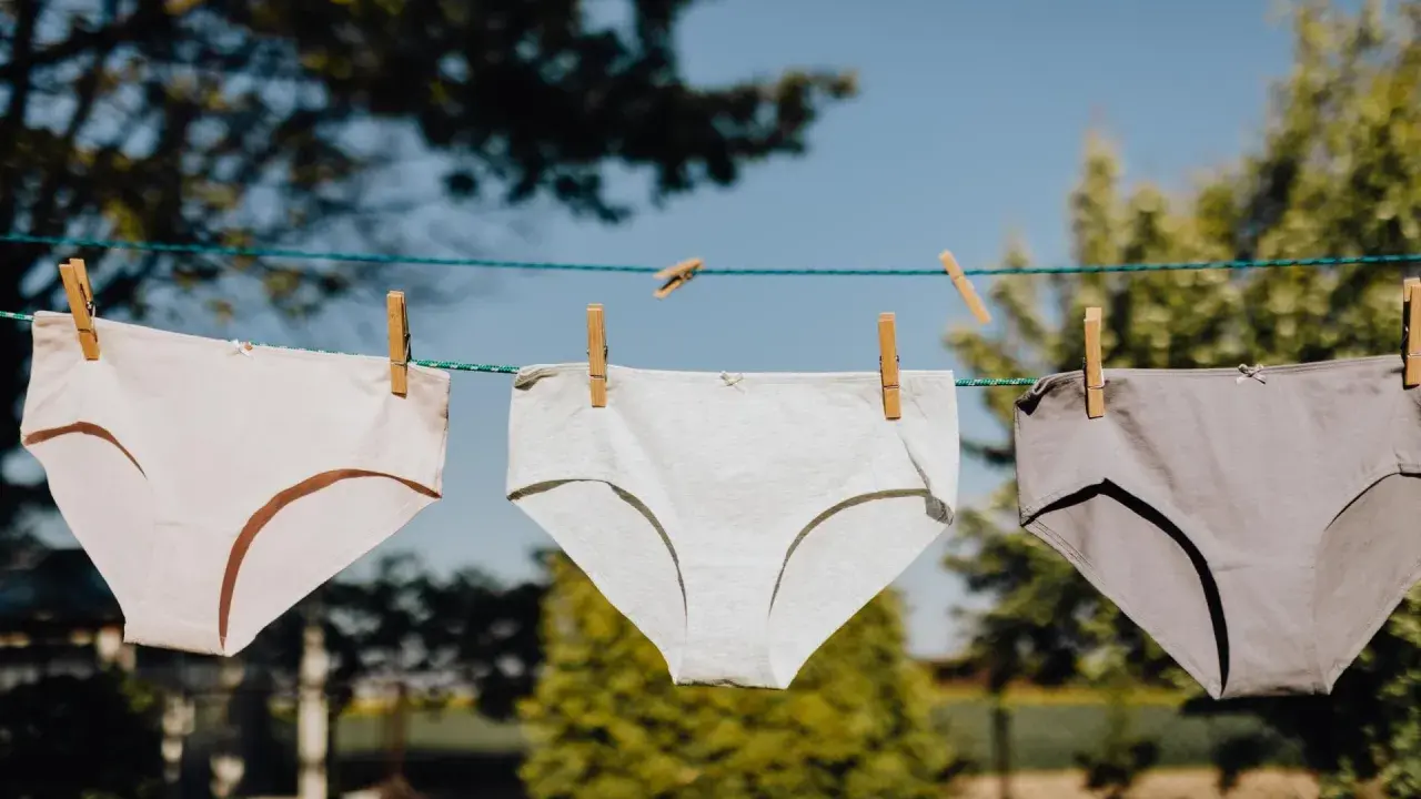 Drei Unterhosen in verschiedenen Grautönen trocknen an einer Wäscheleine. Ein Zeichen für frische Wäsche nach dem unterhosen waschen.