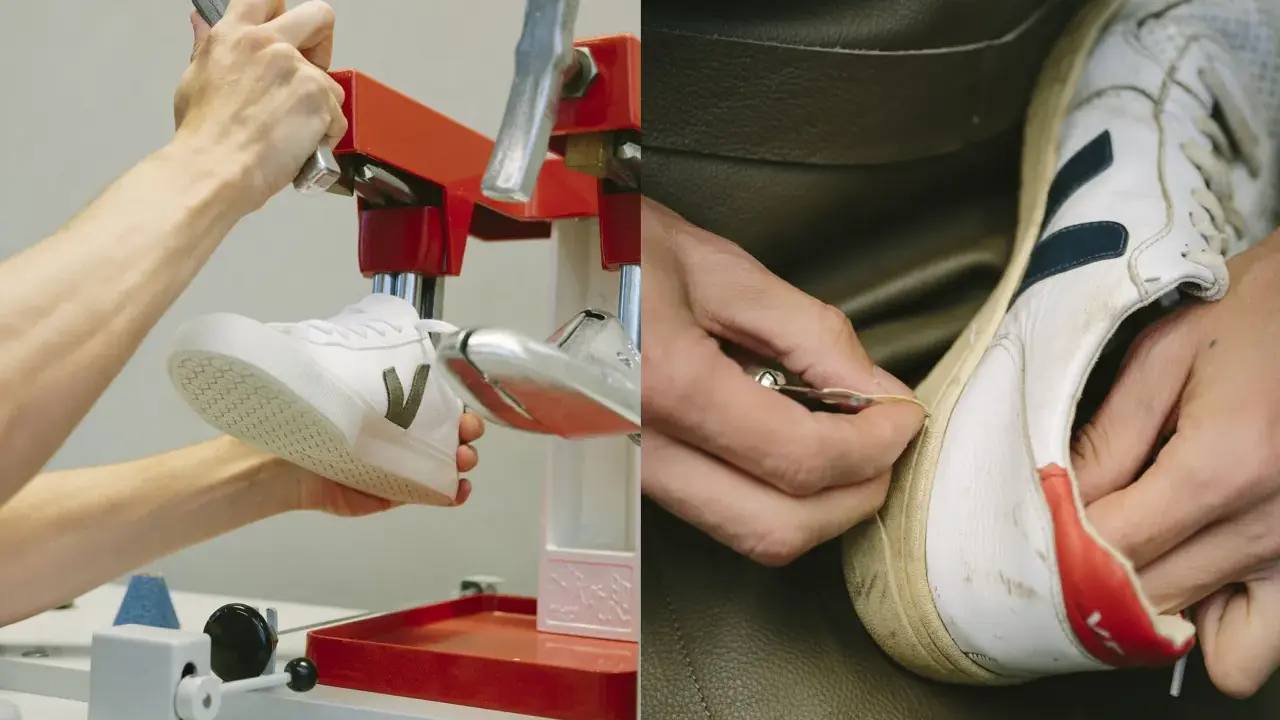 Hände arbeiten an einem Schuh. Links wird ein neuer Sneaker in einer roten Maschine fixiert, rechts werden alte Schuhe repariert.