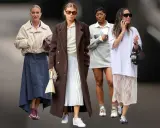 Vier Frauen in modernen Outfits, die von typischen Schuhen der 90er Jahre inspiriert sind.