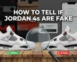 Vergleich von echten und gefälschten Jordan 4 Sneakern. Ein Lupenglas hebt Details hervor, um zu zeigen, wie man Jordan 4 fake erkennen kann.