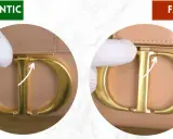Vergleich von Dior-Taschen: Echtheit prüfen. Links: authentisch, rechts: gefälscht. Achten Sie auf Details wie den CD-Verschluss.