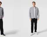 Zwei Männer in grauen Hemden mit Stehkragen und schwarzen Hosen. Welches graues Hemd passt besser zum Anzug?