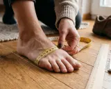 Fuß wird gemessen, um die richtige Schuhweite G zu ermitteln. Ein Maßband umschließt den Ballen.