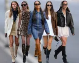 Fünf Frauen präsentieren ihre Outfits, wobei der Fokus auf dem Anziehen von Stiefeln liegt. Von Cowboystiefeln bis zu eleganten Lederstiefeln ist alles dabei.