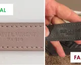 Vergleich: Echte YSL Tasche mit präziser Prägung vs. Fake mit unsauberer Schrift. So erkennst du eine YSL Tasche fake.