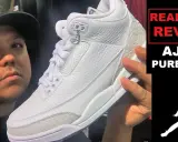 Mann hält weißen Air Jordan 3, "Pure White" Sneaker. Ist es ein jordan 3 fake?