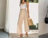 Drei Outfits mit 7/8 Hosen: Sandalen, Mules und Keilabsatzschuhe zeigen, welche Schuhe zu 7/8 Hosen passen.