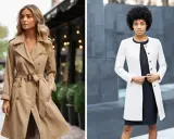 Zwei Frauen zeigen, wie man einen Trenchcoat kombiniert: eine in Beige mit Gürtel, die andere in Weiß über einem schwarzen Kleid.