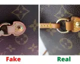 Links: Louis Vuitton falsch. Rechts: Louis Vuitton echt. Details wie Nähte und Beschläge verraten den Unterschied.