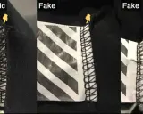 Vergleich von Etiketten: Ein authentisches off white Etikett zeigt saubere Nähte, während gefälschte Etiketten unsaubere Verarbeitung aufweisen.