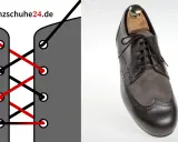 Anleitung zum Anzugschuhe binden: Links zeigt eine Grafik mit roten und schwarzen Schnürsenkeln, rechts ein eleganter Schuh.