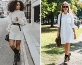 Zwei Frauen zeigen, wie man Stiefel zu Kleid kombiniert: eine im lässigen Strickkleid mit Schnürstiefeln, die andere im weißen Hemdblusenkleid mit Chunky Boots.