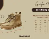 Herren-Schuhweiten-Ratgeber mit Größentabelle für Lederstiefel. Ein Paar braune Schnürstiefel ist abgebildet.