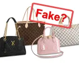 Vier Handtaschen, eine davon mit dem Schriftzug "Fake?". Die Taschen sind in verschiedenen Farben und Mustern gehalten, darunter das klassische LV-Monogramm.