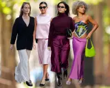 Vier Frauen zeigen, wie man einen Satinrock kombiniert: von elegant bis lässig.