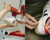 Hände arbeiten an einem Schuh. Links wird ein neuer Sneaker in einer roten Maschine fixiert, rechts werden alte Schuhe repariert.
