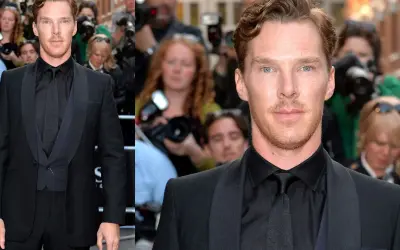 Benedict Cumberbatch im schwarzen Anzug mit schwarzem Hemd und Krawatte.