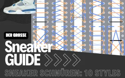 Der Sneaker Guide zeigt, wie man Schuhe lacen kann. Verschiedene Schnürtechniken werden illustriert.