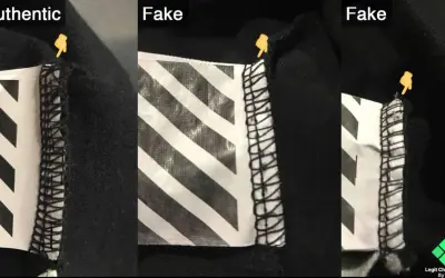 Vergleich von Etiketten: Ein authentisches off white Etikett zeigt saubere Nähte, während gefälschte Etiketten unsaubere Verarbeitung aufweisen.