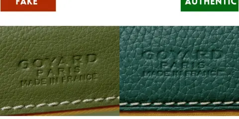 Nahaufnahme von Goyard-Prägungen auf Leder. Links "FAKE" (grün), rechts "AUTHENTIC" (türkis). So können Sie **Goyard fake erkennen**.