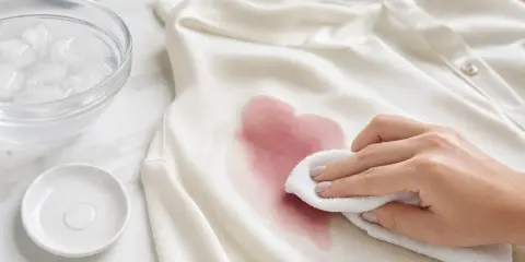 Hand tupft mit einem Tuch einen roten Weinfleck von einem weißen Hemd. Eiswasser und ein Tropfen Reinigungsmittel liegen bereit, um den Rotweinfleck zu entfernen.