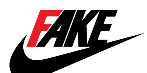 Nike-Logo mit dem Wort "FAKE" in Rot und Schwarz. Ein Hinweis auf gefälschte Jordan 1 Sneaker.