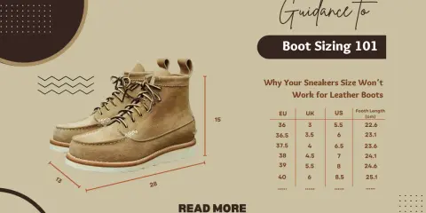 Herren-Schuhweiten-Ratgeber mit Größentabelle für Lederstiefel. Ein Paar braune Schnürstiefel ist abgebildet.