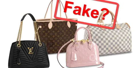 Vier Handtaschen, eine davon mit dem Schriftzug "Fake?". Die Taschen sind in verschiedenen Farben und Mustern gehalten, darunter das klassische LV-Monogramm.