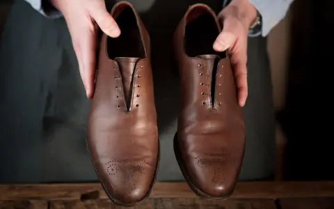 Hände präsentieren braune Lederschuhe, bereit für die Fettleder Pflege.